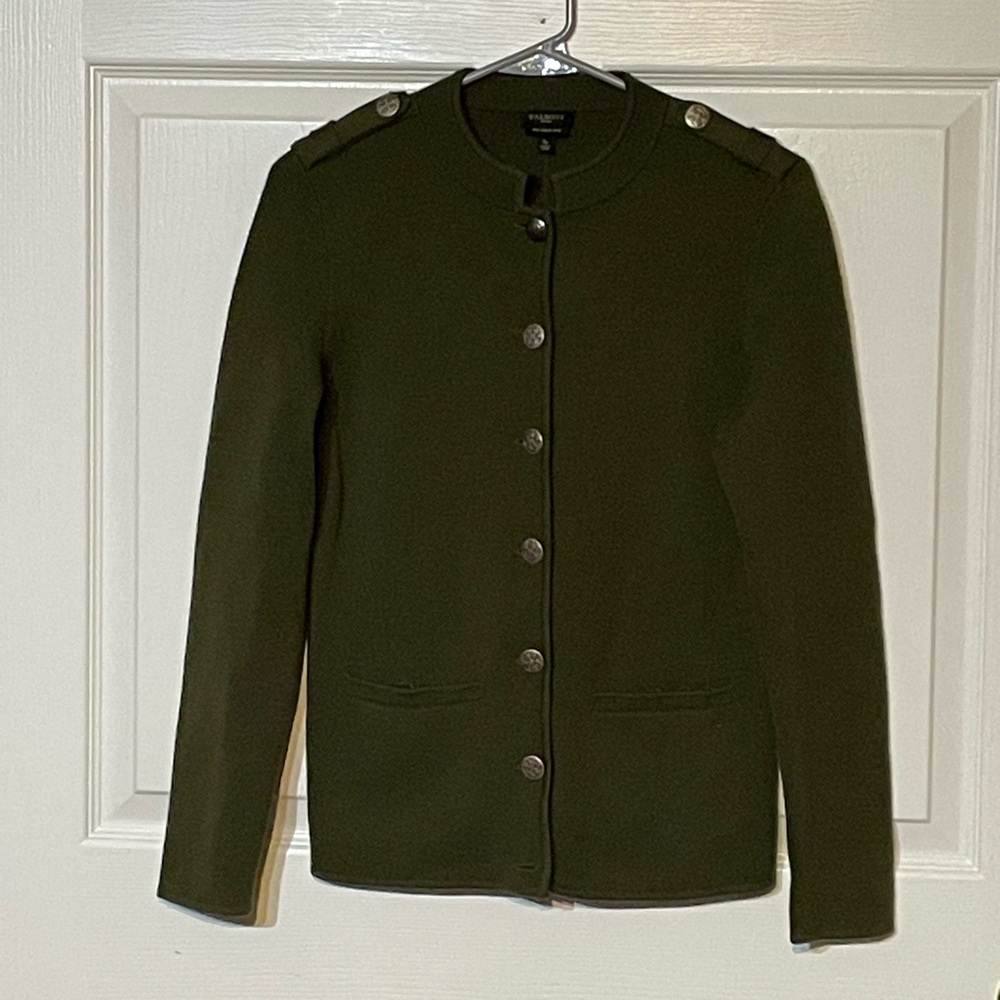 Talbots’s Size S Petite 100% Merino Wool Military-inspired Olive Cardigan